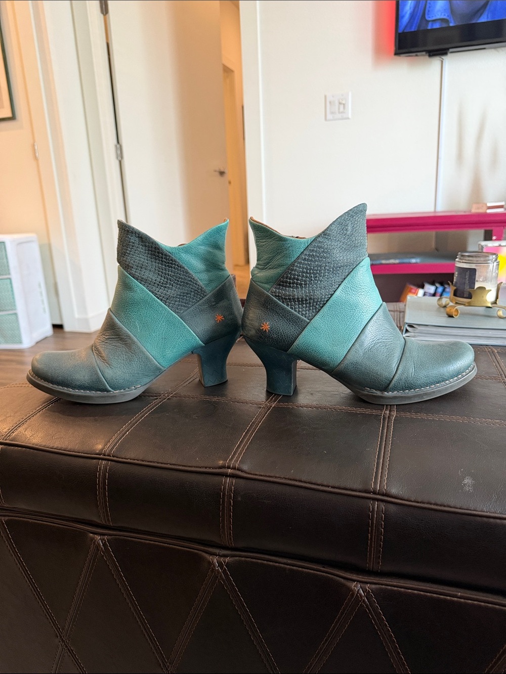 Teal Two-Tone Leather Ankle Booties